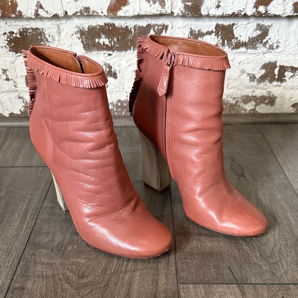 Fringed Leather Bandelier Ankle Boots Cognac Cream